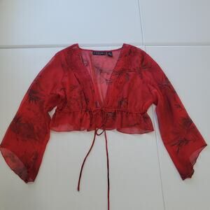Y2K 90s Whimsigoth Fairy Gruge Blouse Bolero Women Petite XL Red Sheer Tie Front